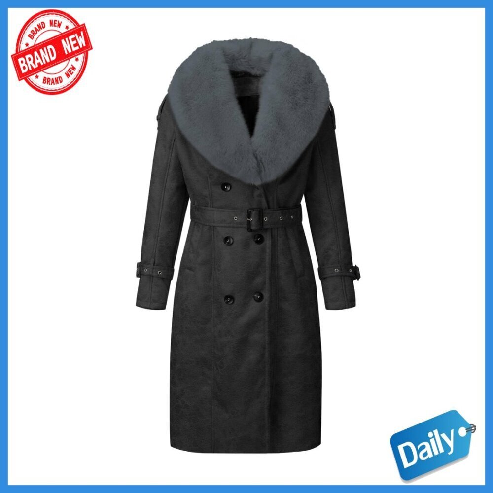 Faux Leather Puffer Jacket with Fur Collar and Belt, Winter Coat